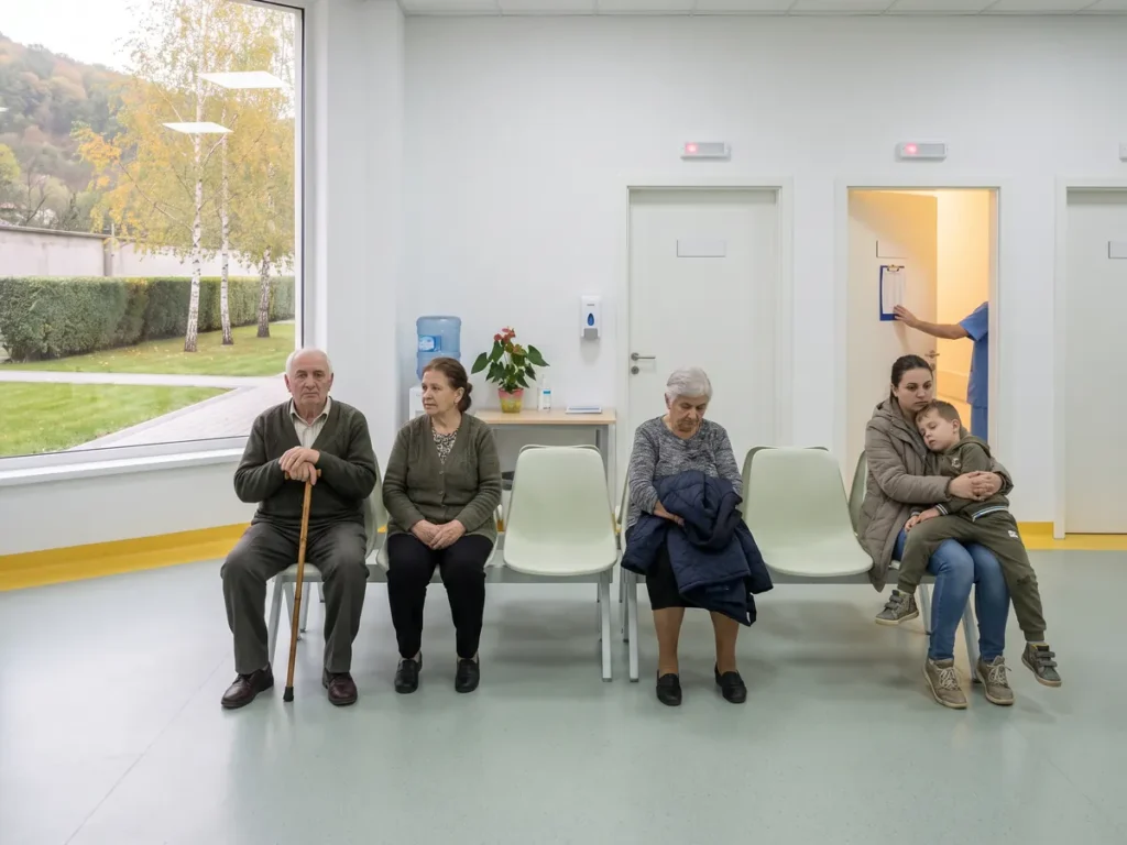 Pe banca unei săli de așteptare din ambulatoriu, doi vârstnici și o mamă cu un copil mic stau în fața a patru uși, una singură deschisă.
