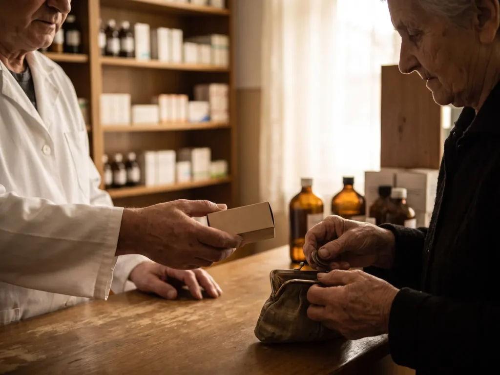 Farmacistă care înmânează o cutie de medicamente unei paciente vârstnice care numără bani la tejgheaua unei farmacii