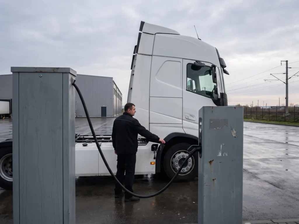 Camion electric greu la o stație de încărcare într-o curte logistică, cu șoferul lângă cablu