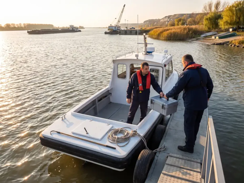 Doi inspectori urcă pe o șalupă albă acostată la un ponton pe Dunăre, unul dintre ei preluând o casetă de echipament.