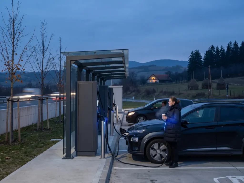 O femeie așteaptă cu o cafea în mână lângă mașina electrică pusă la încărcat, într-o parcare de autostradă, la lăsarea serii.