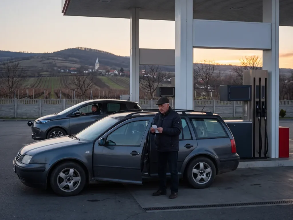 La pompa unei benzinării de deal, în amurg, un bărbat de vreo șaizeci de ani întoarce pe toate părțile chitanța de alimentare.