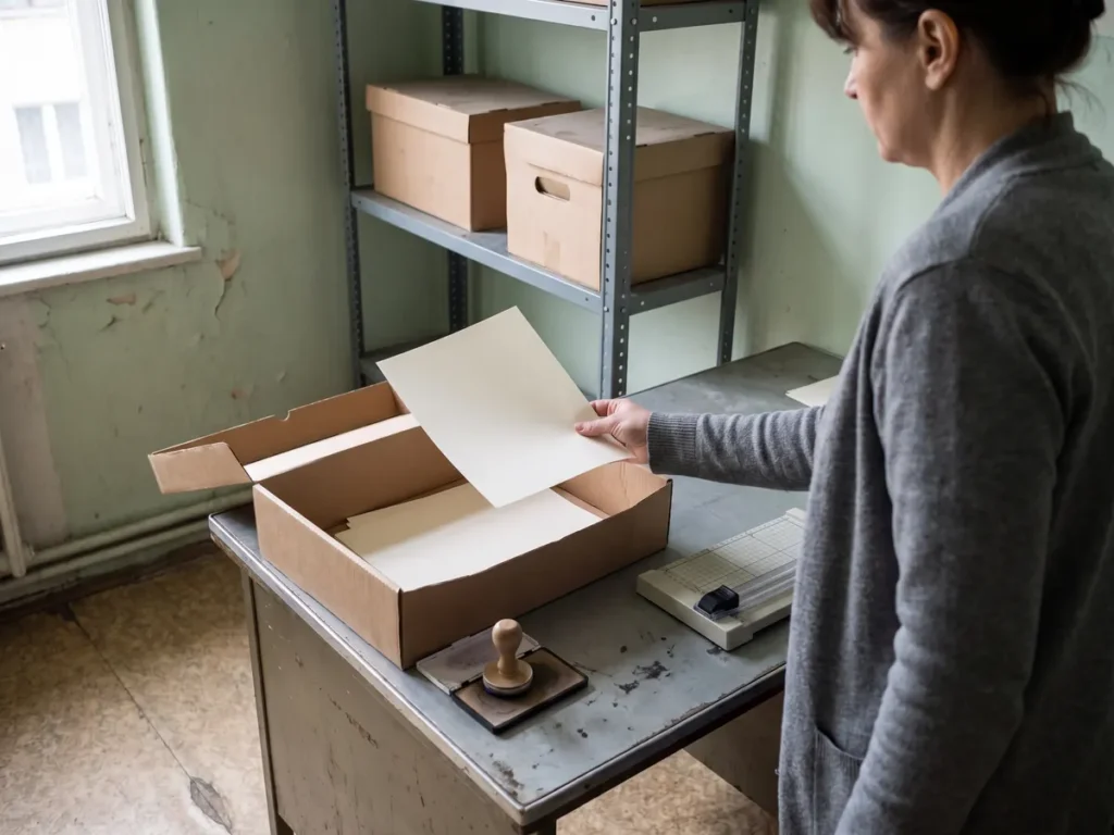 Funcționară dintr-un birou fiscal care scoate ultima coală dintr-o cutie aproape goală, lângă o ștampilă și o tușieră nefolosite
