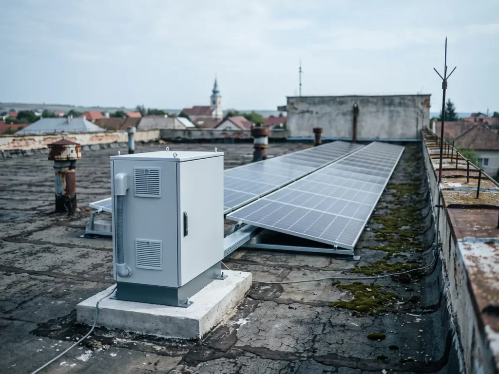 Dulap de stocare cu baterii montat pe acoperișul unei clădiri publice vechi, lângă rânduri de panouri fotovoltaice