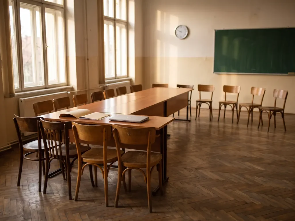 Sala de ședințe a unei școli, cu scaunele așezate în două grupuri separate, cinci la un capăt al mesei și nouă la celălalt
