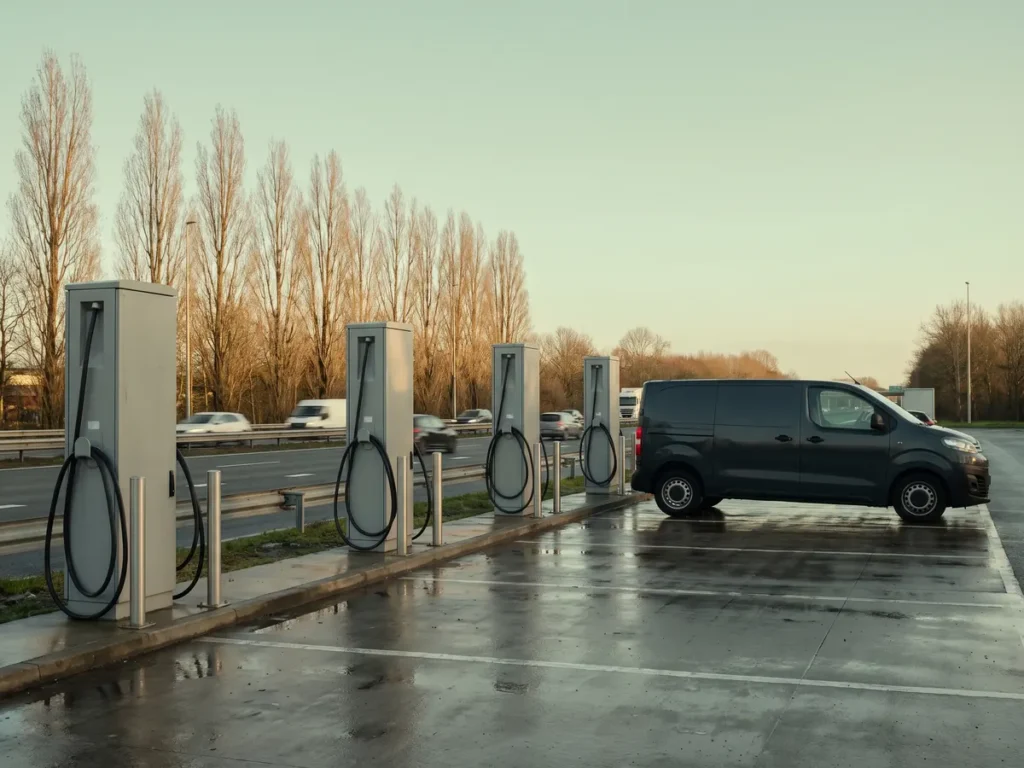 Șir de stații de încărcare electrică într-o parcare de autostradă, cu o dubă electrică parcată la ultima stație