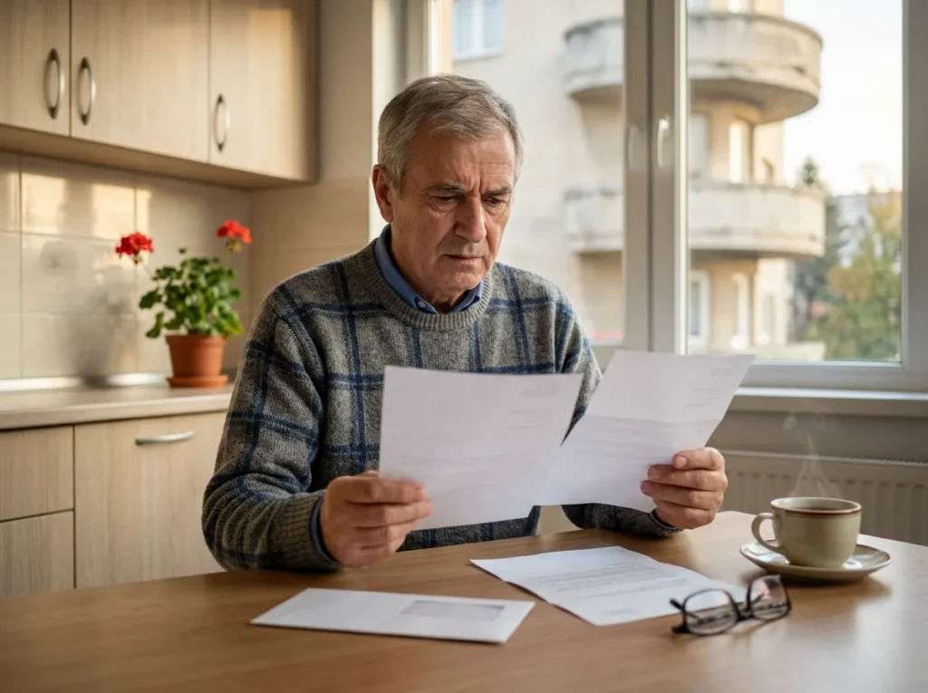 Pensionar așezat la masa din bucătărie compară două decizii de pensie primite prin poștă