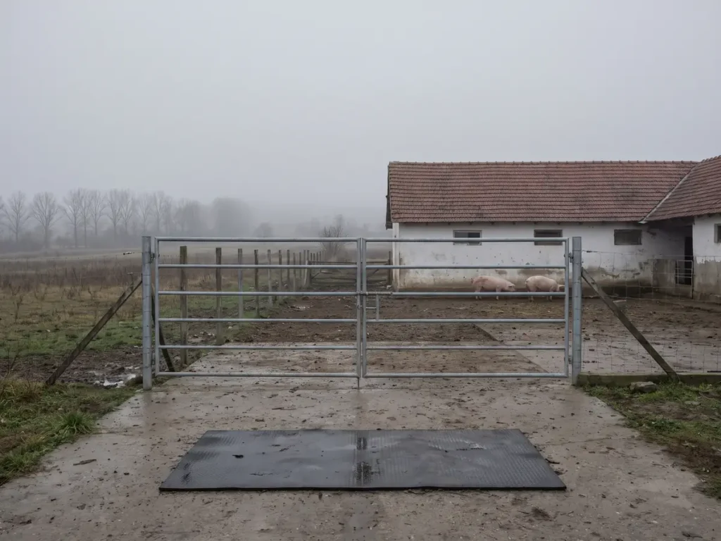 Poarta închisă a unei gospodării cu porci dintr-un sat românesc, cu covor de dezinfecție la intrare