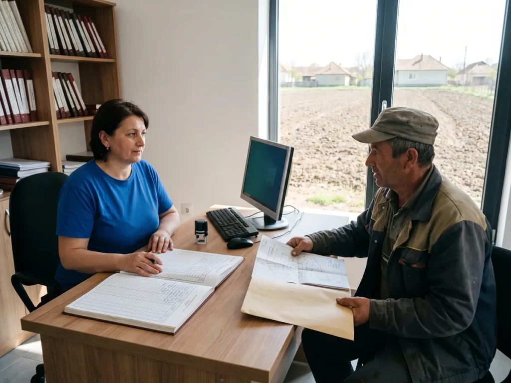 Funcționară la registratura agricolă a unei primării de sat, cu registrul agricol deschis pe birou, în fața unui agricultor care prezintă acte de proprietate și un plan cadastral