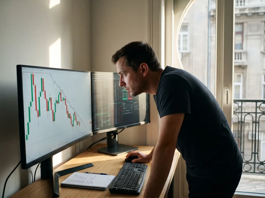 Mic investitor urmărind un grafic de preț cu lumânări pe monitorul de acasă, într-un apartament interbelic