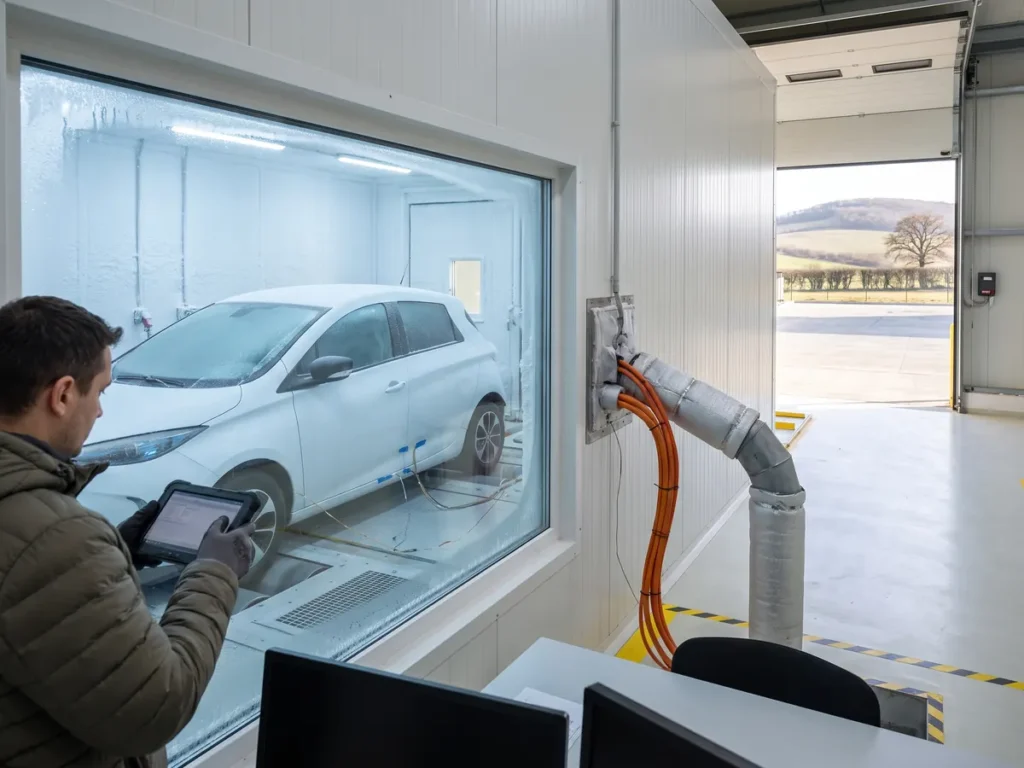 O mașină electrică acoperită de brumă stă pe standul cu role dintr-o cameră climatică, privită de un inginer cu o tabletă în mână.
