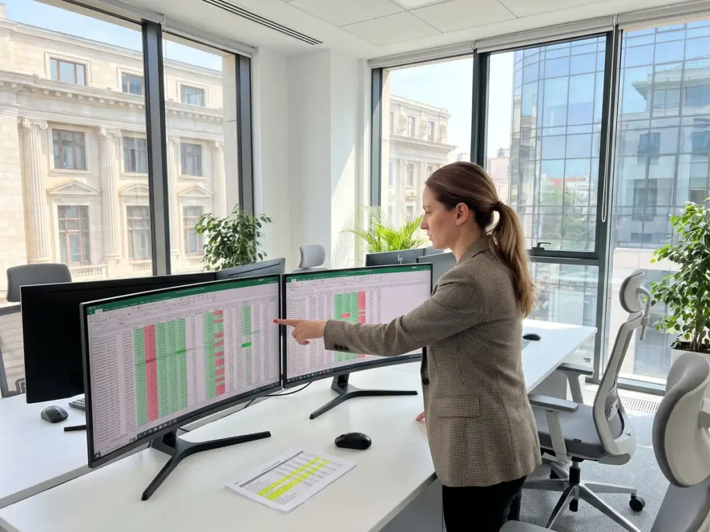 Analistă de raportare dintr-o bancă urmărește, între două monitoare, corespondența dintre un rând din raportarea financiară și o linie din calculul de capital