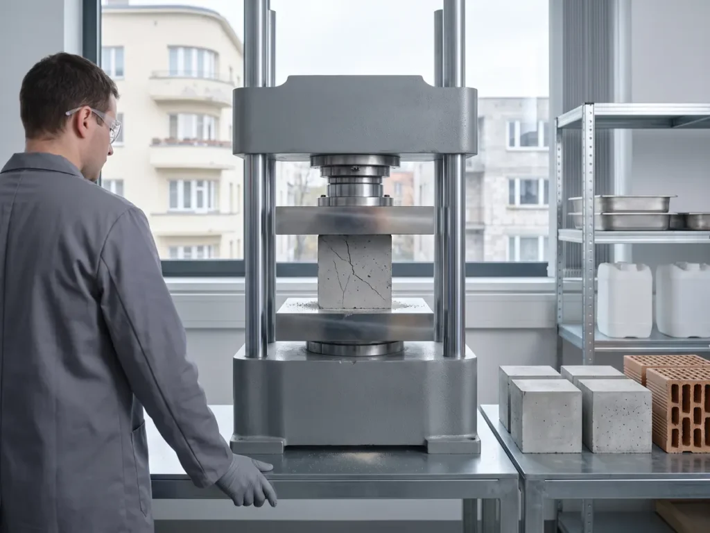 Cub de beton strivit între platanele unei prese de încercare, într-un laborator de materiale de construcții, cu blocuri ceramice pe bancul alăturat