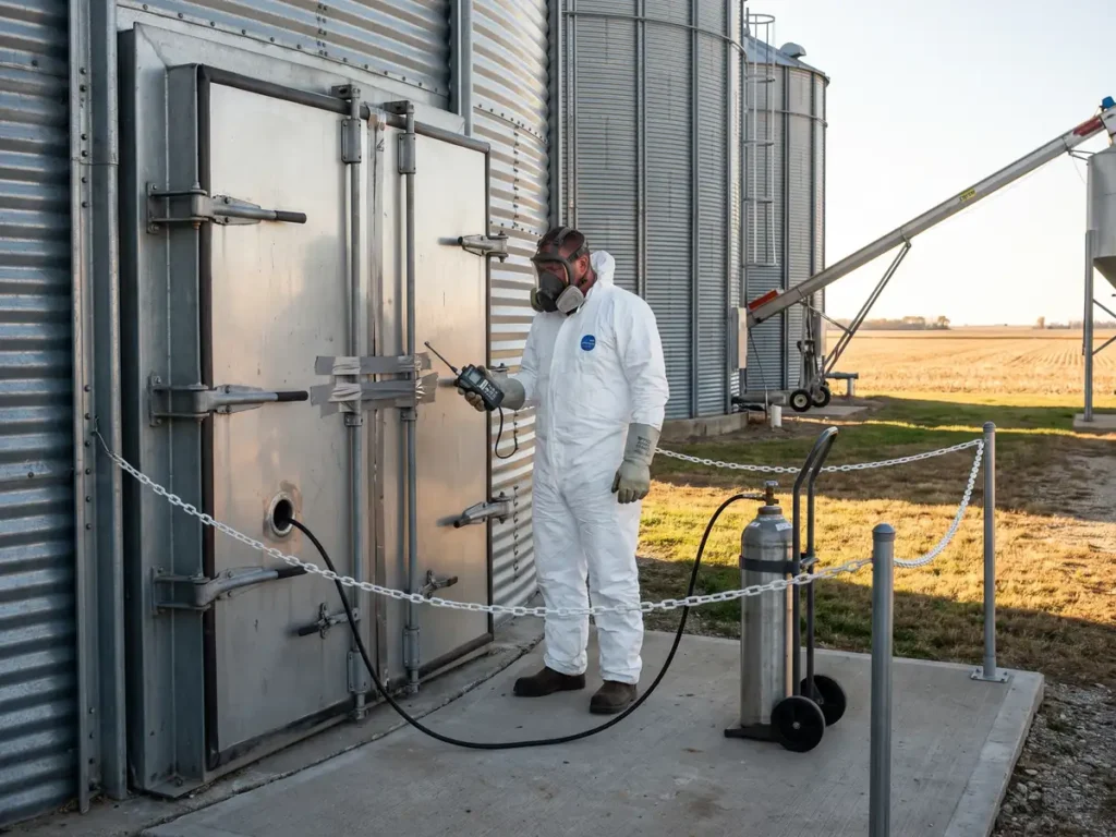 Operator în echipament complet de protecție, lângă ușa închisă a unei camere etanșe de siloz, cu furtunul de gaz venind dintr-o butelie din exterior