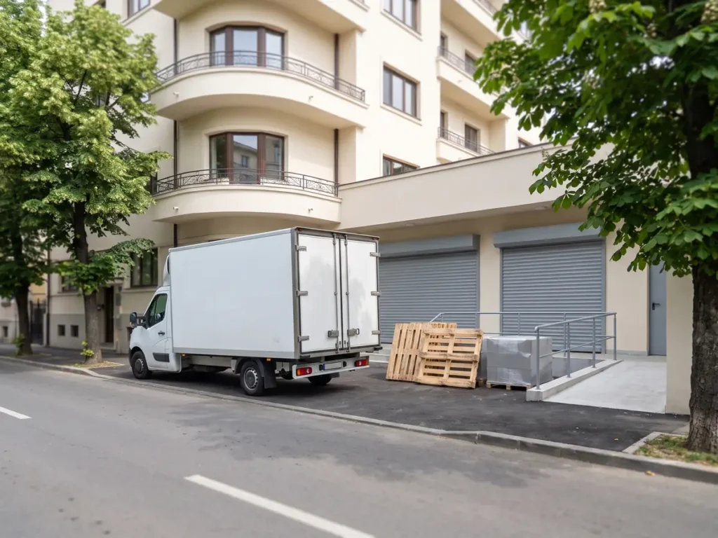Rampa de descărcare a unui depozit urban dintr-o clădire interbelică restaurată, cu o camionetă albă fără inscripții și paleți goi, imagine care ilustrează înregistrarea la vamă a importurilor de baterii alcaline din China.