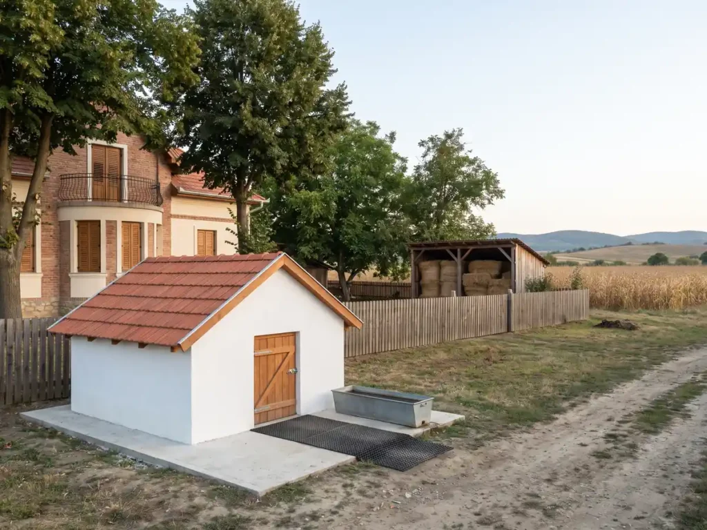 Gospodărie rurală românească cu adăpost de porci văruit, covor de dezinfecție la intrare și o casă interbelică restaurată în spate, imagine legată de menținerea întregii țări în zona de restricții III pentru pesta porcină africană.