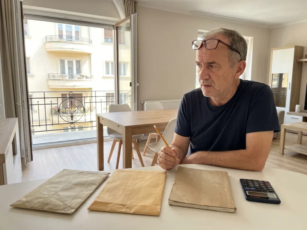 Un barbat de circa 65 de ani compara doua plicuri la masa din sufragerie, cu un carnet de munca si un calculator de buzunar
