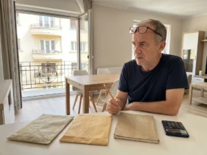 Un barbat de circa 65 de ani compara doua plicuri la masa din sufragerie, cu un carnet de munca si un calculator de buzunar