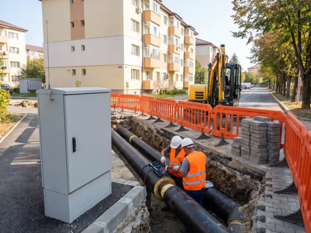 Muncitori sudeaza conducte preizolate de termoficare intr-un sant deschis pe o strada de cartier