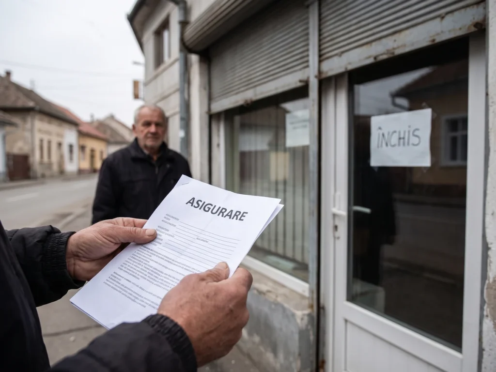 Mâini care țin o poliță de asigurare valabilă în fața unui birou de brokeraj închis, cu oblonul tras pe jumătate