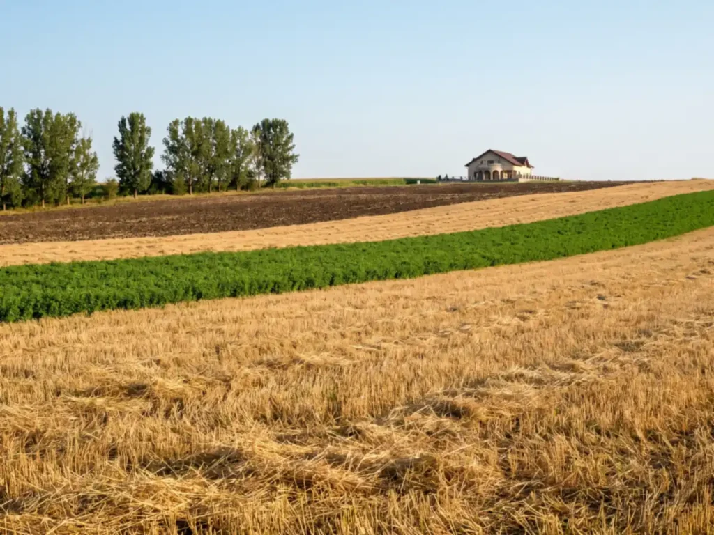 Lan de grâu recoltat, cu miriște și resturi vegetale pe sol și o fâșie de cultură de acoperire verde în plan mediu.