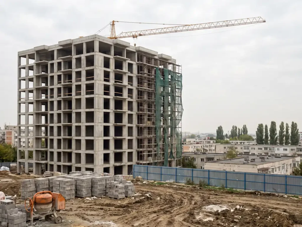 Clădire publică neterminată pe un șantier, cu structura de beton la roșu, schelă și macara turn