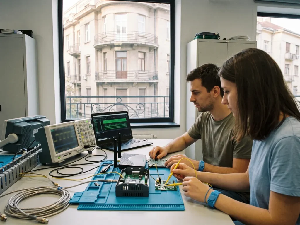 Doi ingineri testează un router și un controler industrial pe o masă de măsurători, într-un laborator de evaluare a securității cibernetice