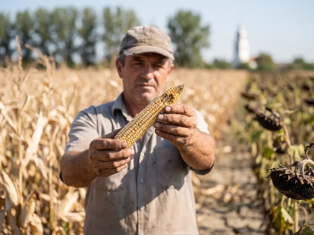 Un fermier tine in mana un stiulete de porumb pipernicit intr-un lan uscat de seceta