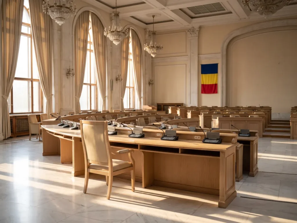 Sala de plen a Parlamentului pregătită pentru o ședință comună a celor două Camere, cu banca Guvernului goală
