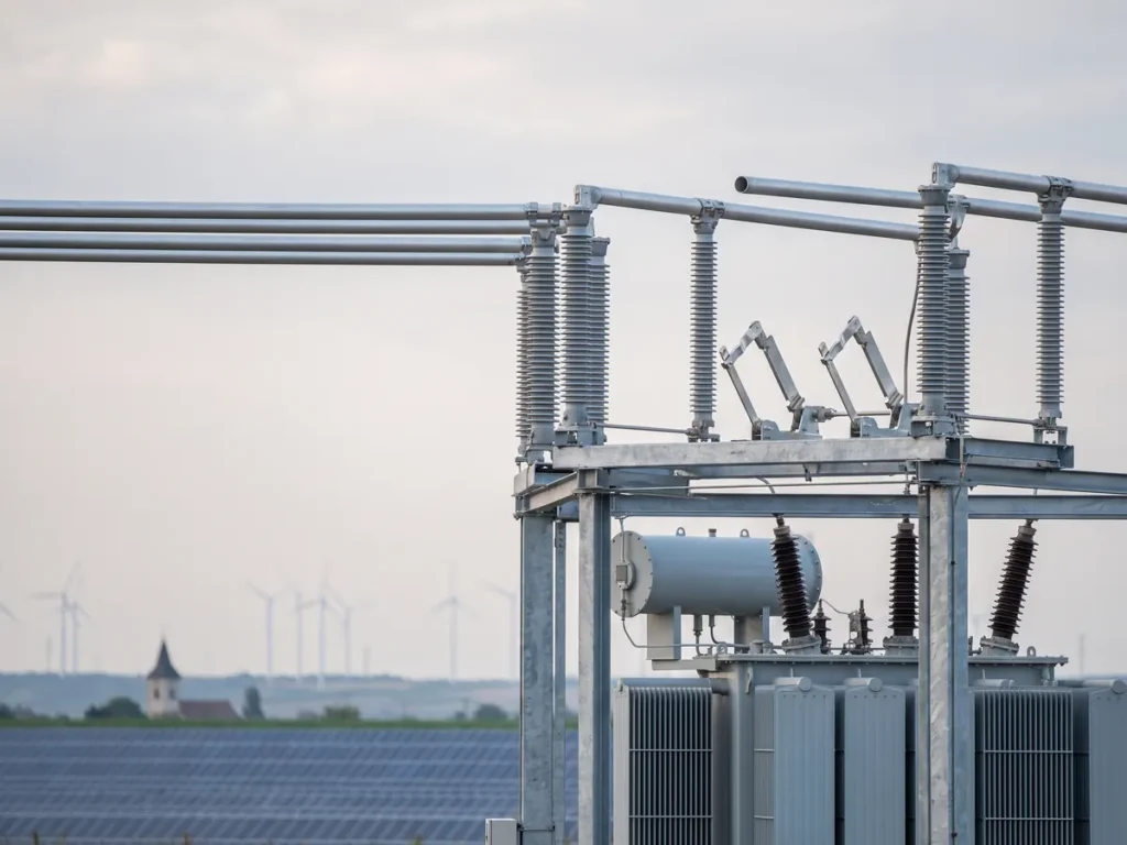 Izolatoare de portelan si separatorul unei celule de 110 kV dintr-o statie electrica, cu turbine eoliene estompate in fundal