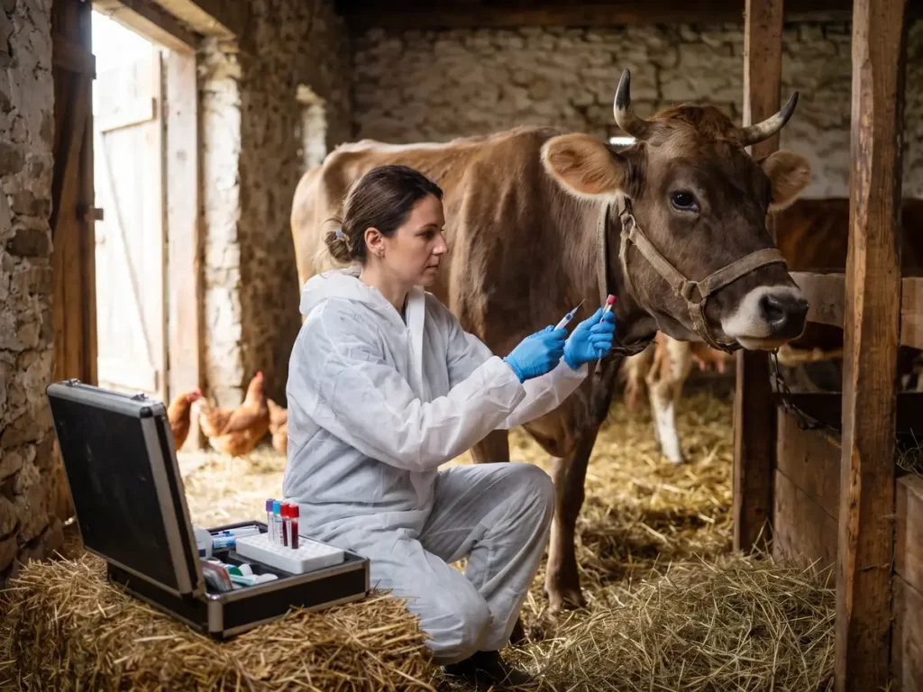 Medic veterinar în combinezon alb recoltează o probă de sânge de la o vacă, într-un grajd dintr-o gospodărie de la țară