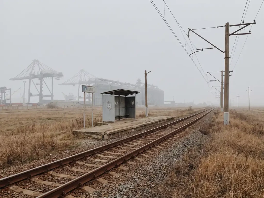 Cale ferată regională cu o haltă de beton la marginea Constanței, cu silozuri și macaralele portului în depărtare