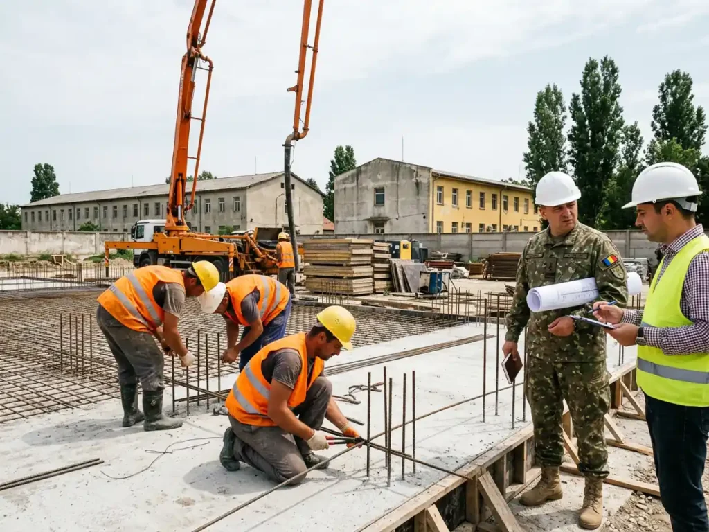 Constructori montează armături pe radierul unei clădiri noi în interiorul unei unități militare