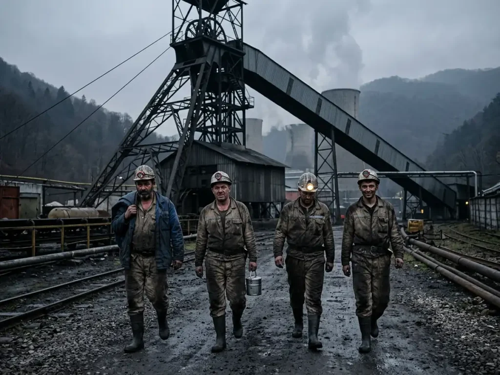 Mineri la sfârșitul turei, în fața instalației de extracție a unei mine de lignit din Valea Jiului