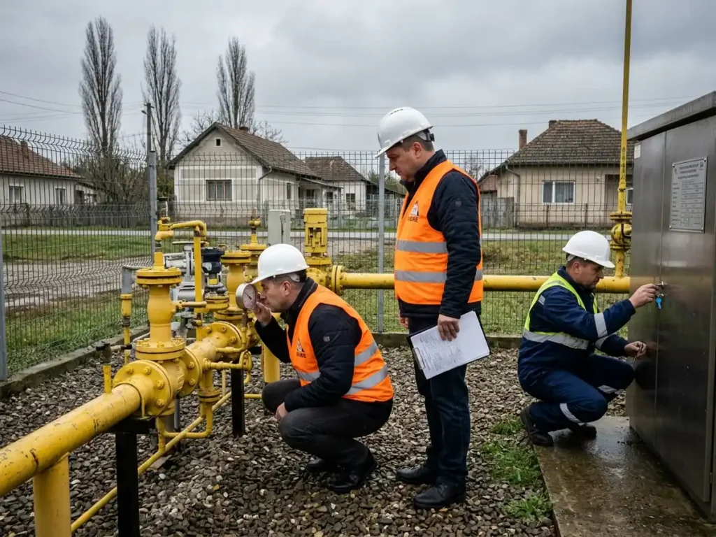 Doi inspectori ai autorității de reglementare citesc manometrul unei stații de gaze