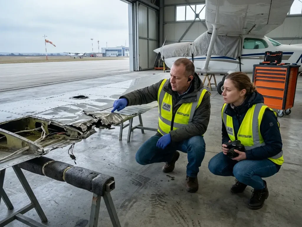 Doi investigatori examinează bordul de atac avariat al aripii unui avion mic, într-un hangar