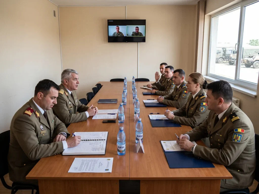 Ofițeri și subofițeri ai Forțelor Terestre Române, în ținută de serviciu, așezați în jurul unei mese lungi într-o sală de ședințe de garnizoană; un colonel vorbește de la capătul mesei, un maior consemnează în registru, iar un ecran de perete arată doi participanți conectați prin videoconferință.