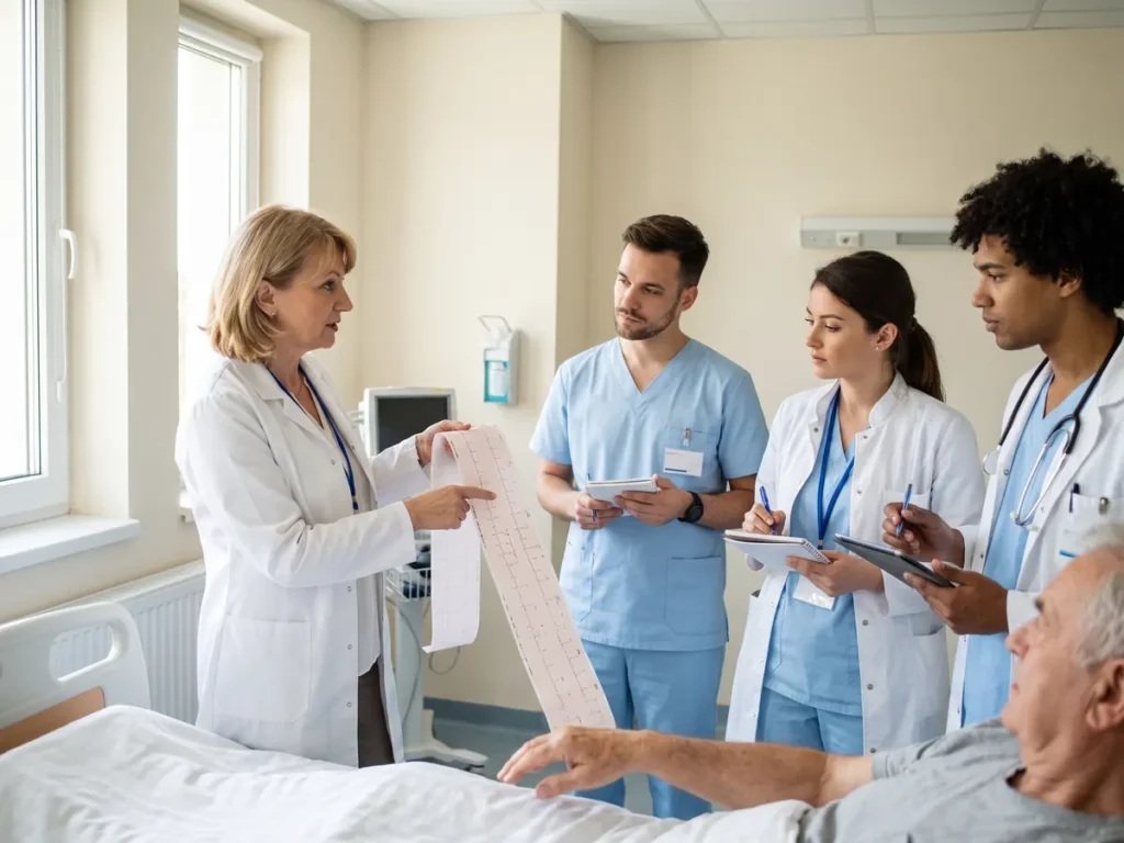 Medic specialist explică un traseu ECG la trei medici rezidenți, lângă patul unui pacient