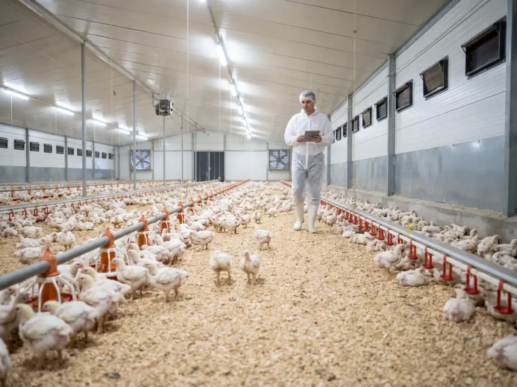 Hală modernă de creștere a puilor de carne, cu managerul fermei pe aleea centrală