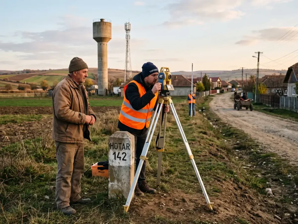 Proprietar și topograf la limita unui teren, lângă un reper de hotar