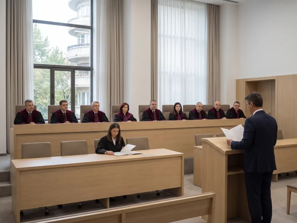 Plenul unei curți constituționale, cu judecătorii în robe și un avocat la pupitru