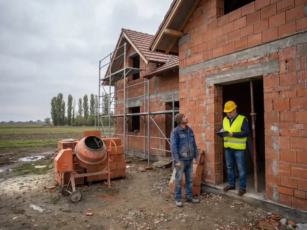 Inspector în construcții notează la ușa unei case ridicate fără autorizație