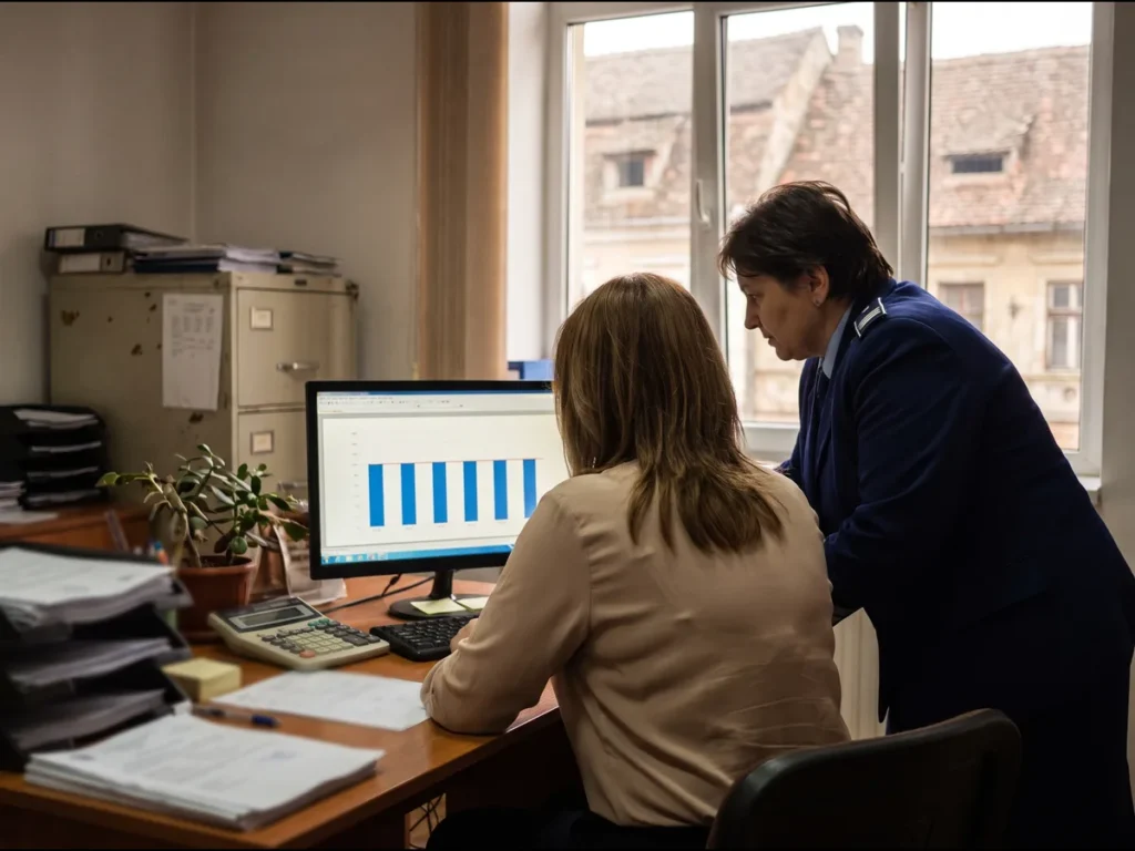 Funcționară dintr-un birou de salarizare, văzută din spate, privind pe monitor un grafic cu bare retezate la același nivel, alături de o colegă