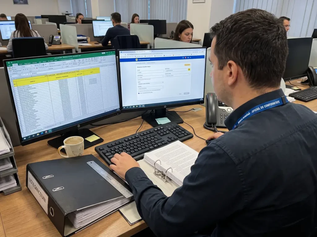 Ofițer de conformitate într-o bancă verifică o listă lungă de nume sancționate pe ecran, lângă un dosar tipărit