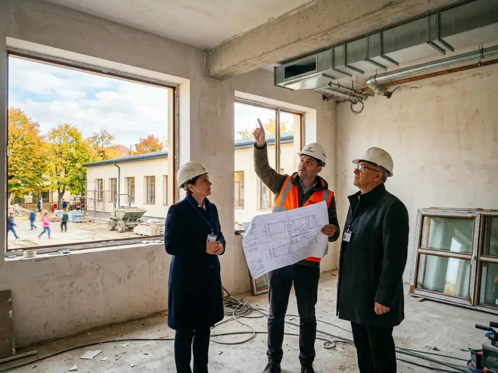 Doi funcționari și un inginer verifică planurile într-o sală de clasă în renovare, finanțată din fonduri europene