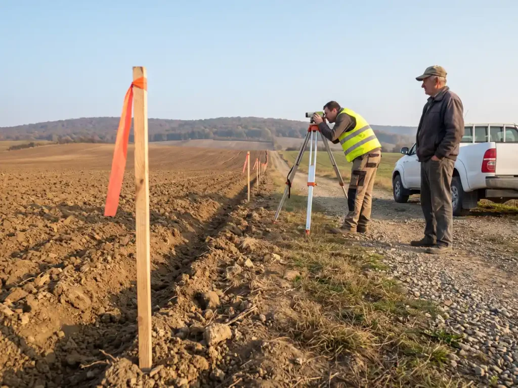 Țăruș de topograf la marginea unui teren arabil expropriat pentru coridorul autostrăzii