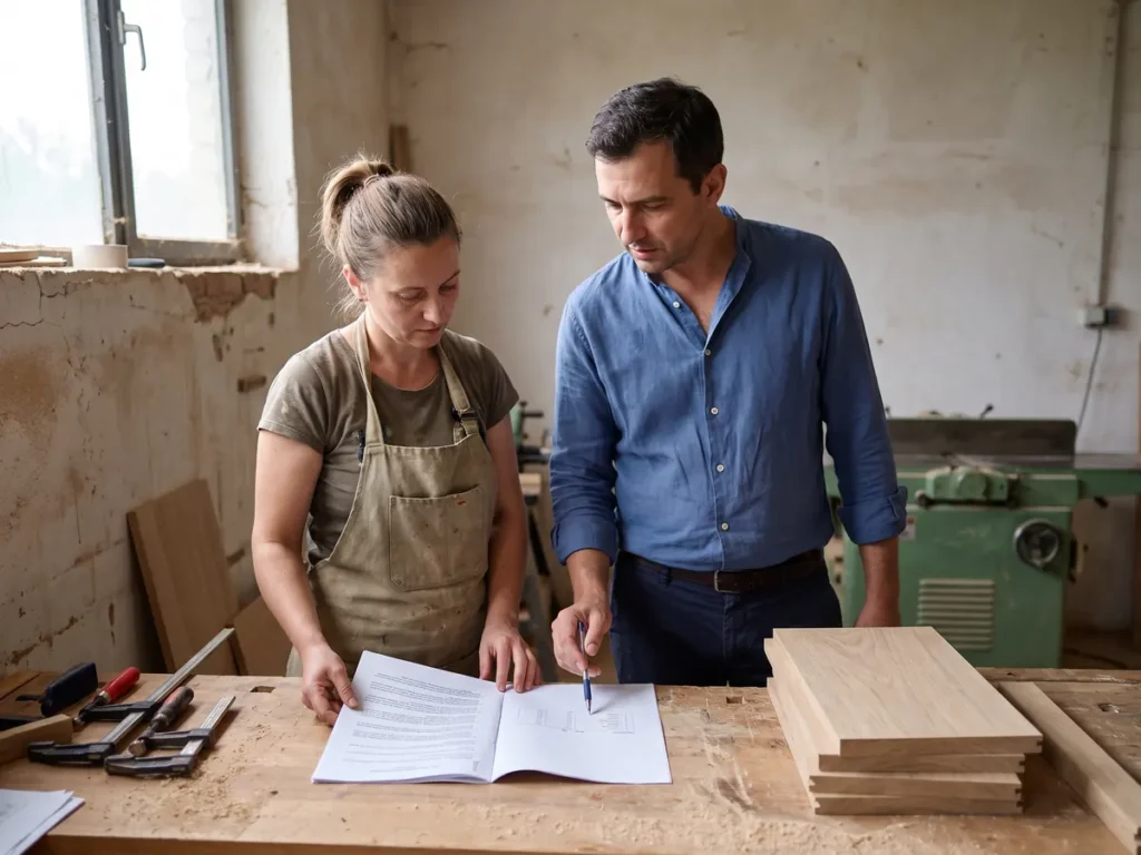 Proprietara unui atelier de mobilă citește un contract de finanțare alături de un ofițer de credit