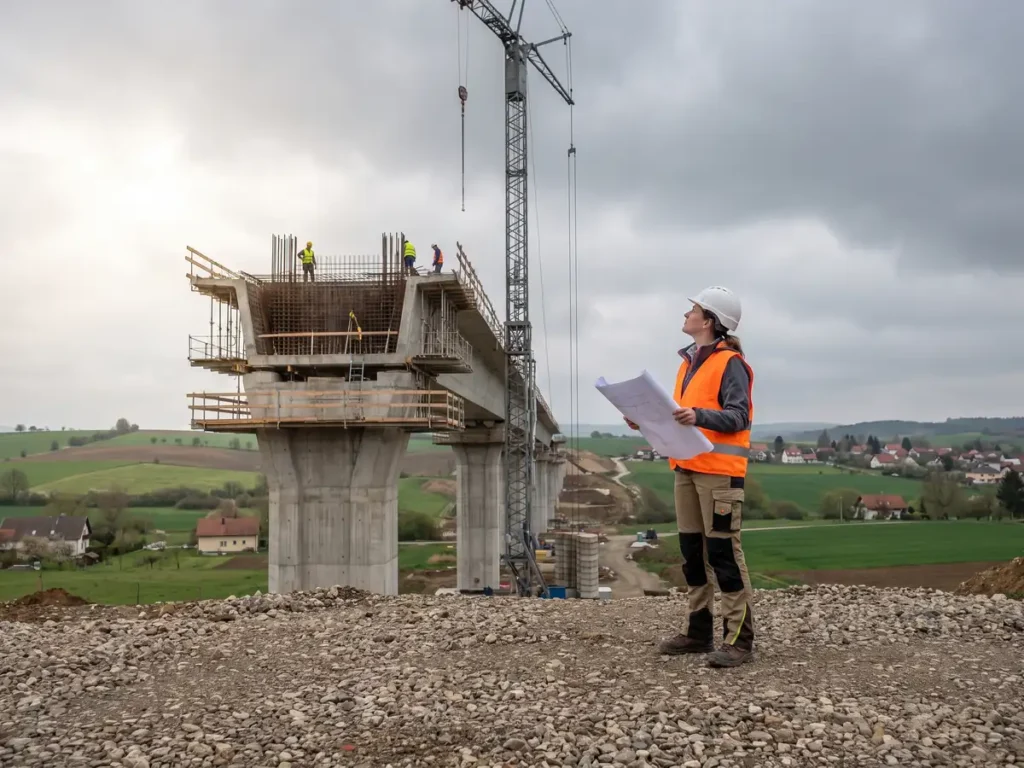 Ingineră de șantier pe terasamentul unei autostrăzi neterminate, privind un viaduct de beton rămas fără capăt