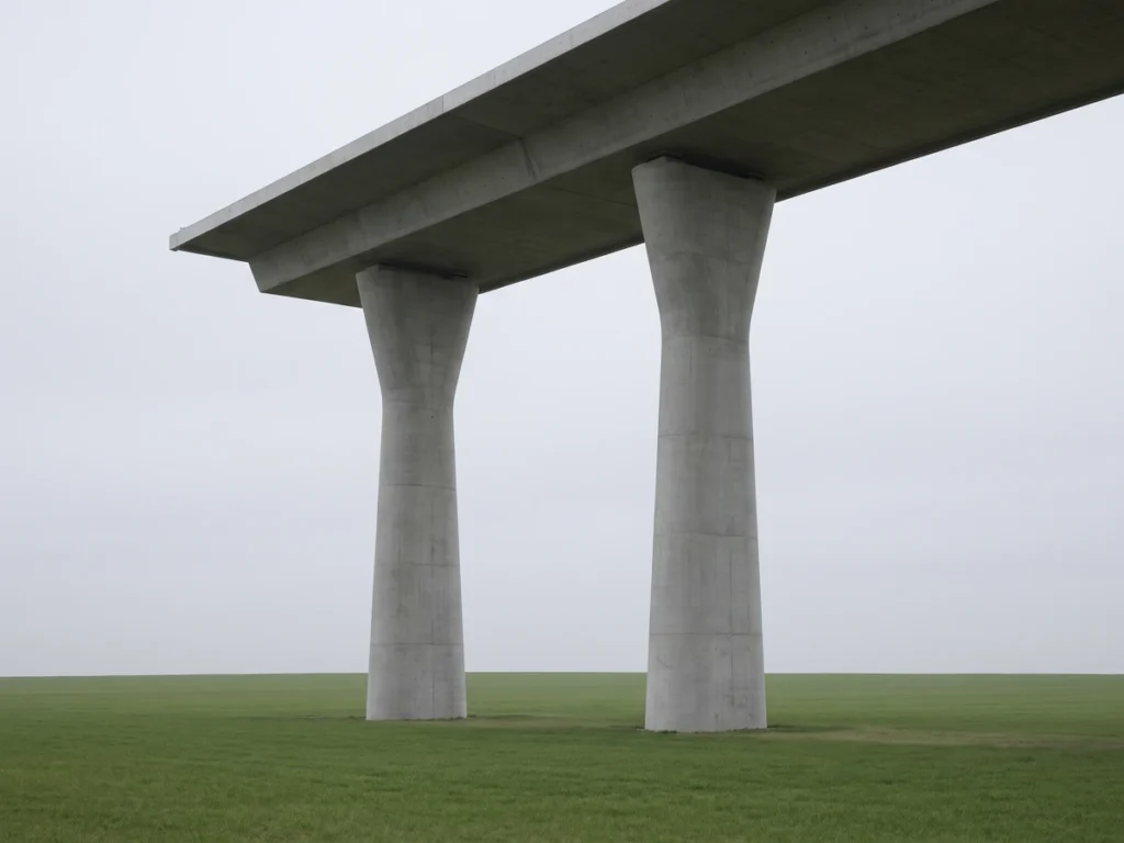 Doi piloni de beton ai unui viaduct de autostradă, cu un tronson de tablier deasupra, pe un câmp deschis