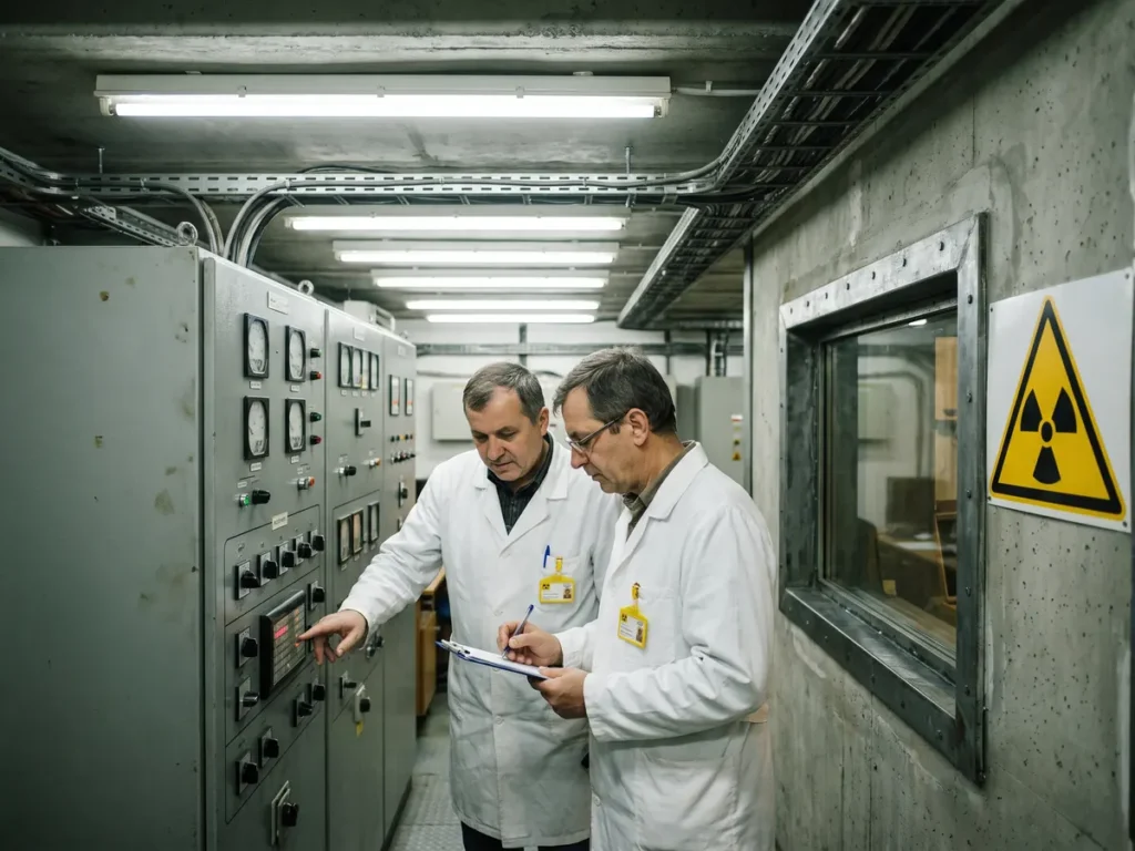 Doi cercetători în halate citesc aparatura unui panou de comandă într-un laborator de cercetare nucleară